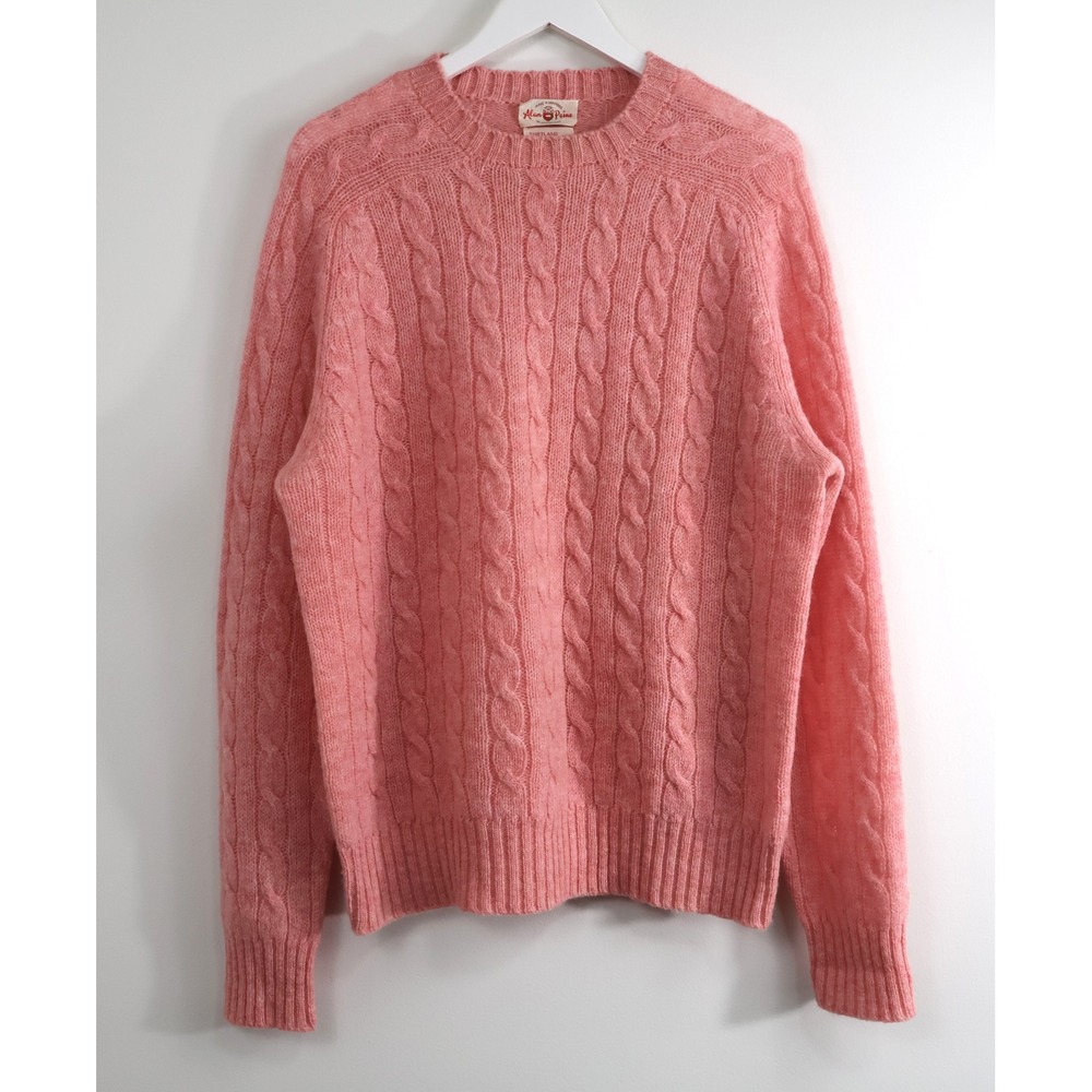 Alan Paine Shetland Wool Cable Knit Sweater Mens 44 Pink Vintage Crewneck Raglan